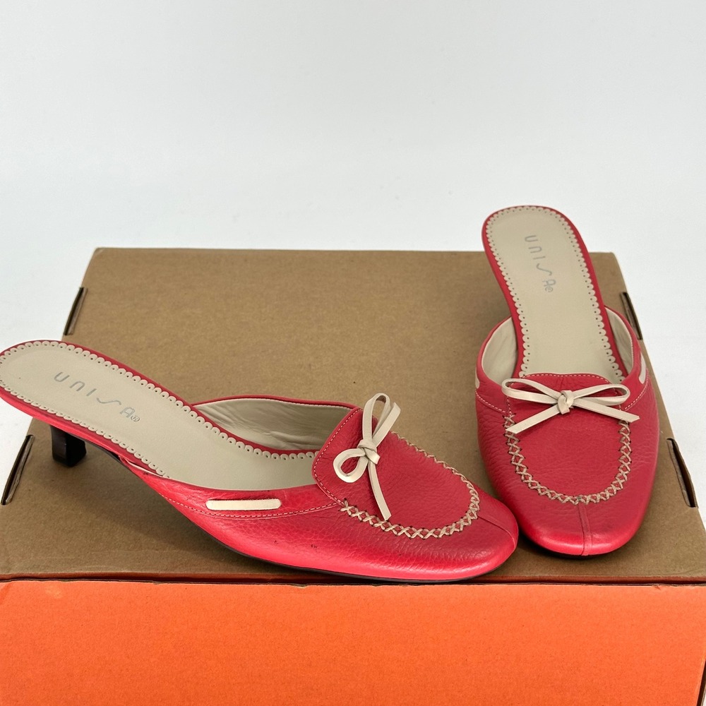 Y2K Unisa Pink Red Bow Leather Low Kitten Mule Heel 8 B Vintage Boho Whimsy